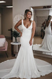 BMbride Simple V Neck Pretty Mermaid with Long Train Sexy Backless Beach Elegant Wedding Dresses BMbride
