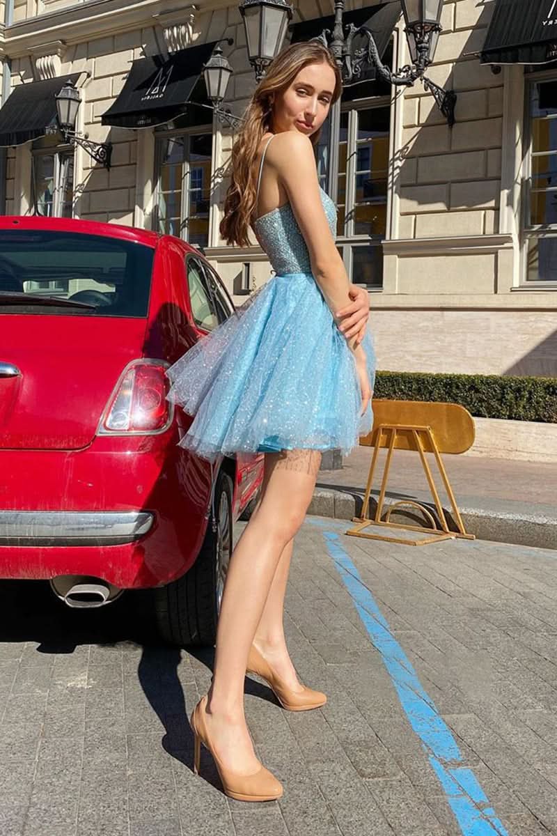 Sky Blue Sequins Lace Beaded Bodice Short Homecoming Dress BM bride