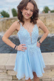 Sky Blue V Neck Tulle Short Homecoming Dresses with Appliques BM bride
