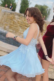 Sky Blue V Neck Tulle Short Homecoming Dresses with Appliques BM bride