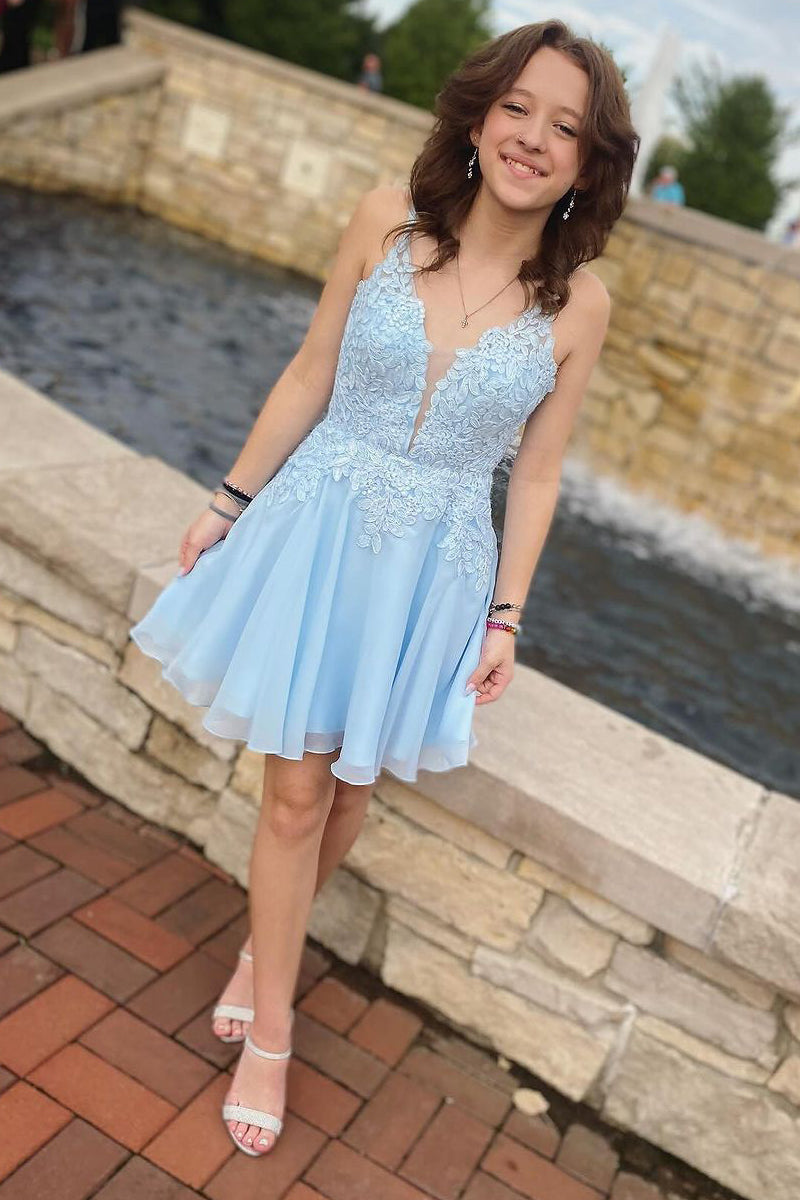 Sky Blue V Neck Tulle Short Homecoming Dresses with Appliques BM bride