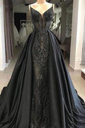 Sleeveless Black Evening Gowns with Lace Charming Mermaid Sweep Train BM bride