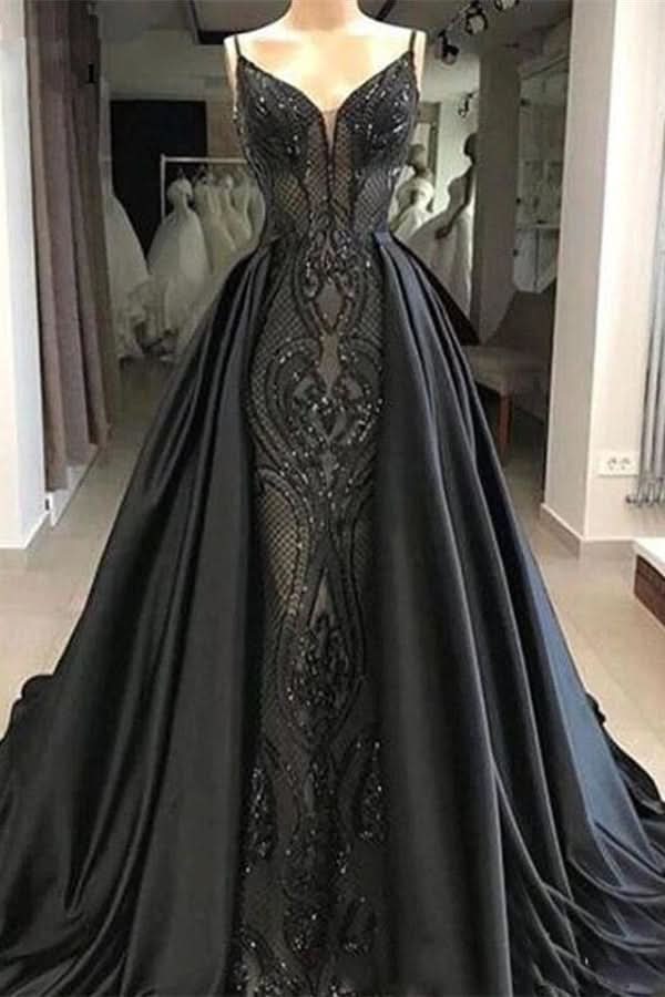 Sleeveless Black Evening Gowns with Lace Charming Mermaid Sweep Train BM bride