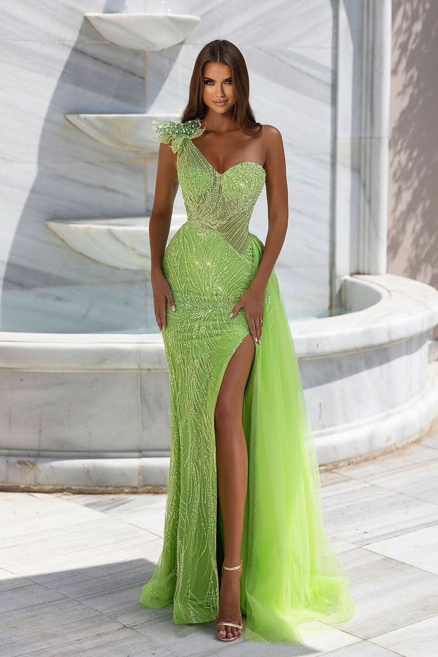 BMbride Sleeveless One Shoulder Sweetheart Lace Prom Dress With Beading BMbride