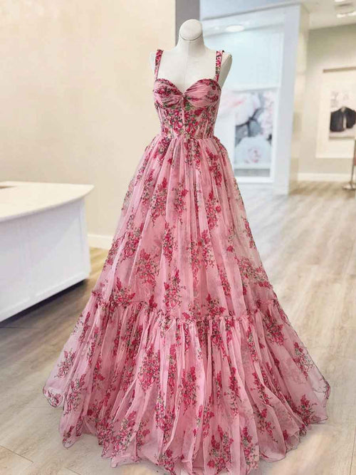 Pink A Line Sweetheart Floral Printed Chiffon Long Prom Dress with Bow BMBRIDE