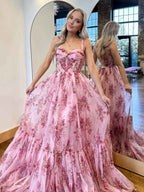 Pink A Line Sweetheart Floral Printed Chiffon Long Prom Dress with Bow