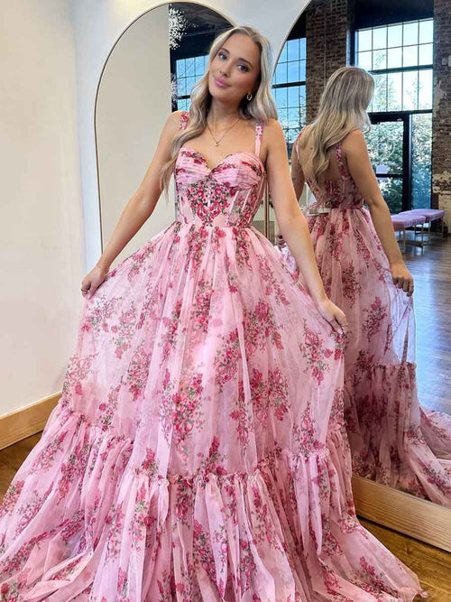 Pink A Line Sweetheart Floral Printed Chiffon Long Prom Dress with Bow BMBRIDE