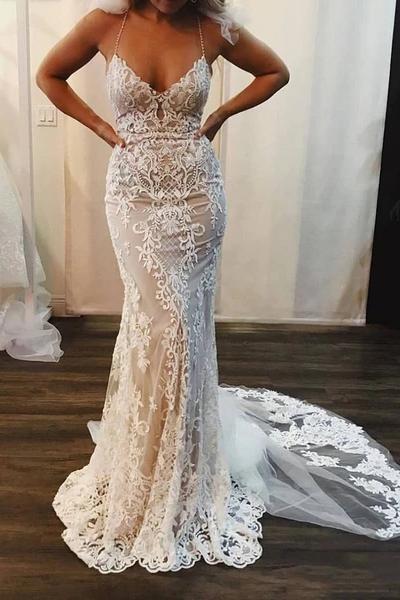 Spaghetti Strap Pretty Mermaid Lace Applique Long Train Graceful Wedding Dresses BM bride