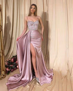 BMbride Spaghetti Strap Satin Side Split Pink Mermaid Prom Dresses with Detachable Skirt BMbride