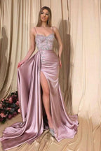 BMbride Spaghetti Strap Satin Side Split Pink Mermaid Prom Dresses with Detachable Skirt BMbride