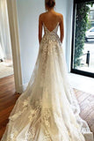 BMbride Spaghetti Strap V Neck Beach Court Train Tulle Elegant Wedding Dresses with Lace BMbride