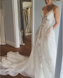 BMbride Spaghetti Strap V Neck Beach Court Train Tulle Elegant Wedding Dresses with Lace BMbride