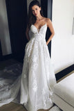 BMbride Spaghetti Strap V Neck Beach Court Train Tulle Elegant Wedding Dresses with Lace BMbride
