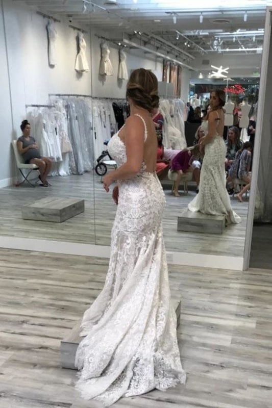 BMbride Spaghetti Straps Pretty Mermaid V Neck Backless Lace Elegant Wedding Dresses BMbride