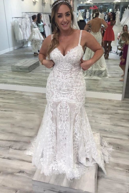 BMbride Spaghetti Straps Pretty Mermaid V Neck Backless Lace Elegant Wedding Dresses BMbride