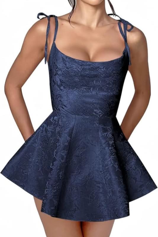 Satin Mini Party Dress with Spaghetti Straps, Sleeveless Jacquard Homecoming Gown BM bride
