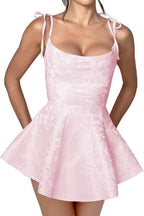 Satin Mini Party Dress with Spaghetti Straps, Sleeveless Jacquard Homecoming Gown BM bride