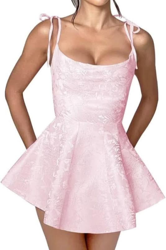 Satin Mini Party Dress with Spaghetti Straps, Sleeveless Jacquard Homecoming Gown BM bride