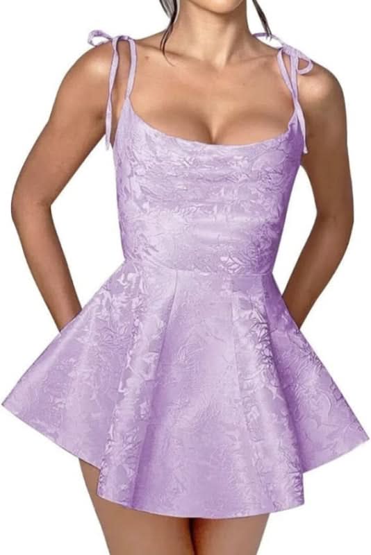 Satin Mini Party Dress with Spaghetti Straps, Sleeveless Jacquard Homecoming Gown BM bride