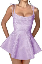Satin Mini Party Dress with Spaghetti Straps, Sleeveless Jacquard Homecoming Gown BM bride