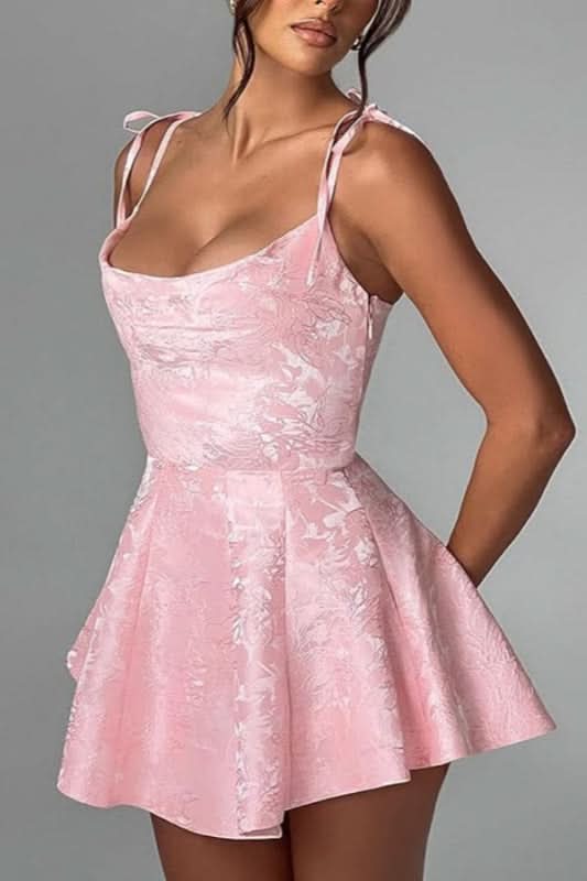 Satin Mini Party Dress with Spaghetti Straps, Sleeveless Jacquard Homecoming Gown BM bride