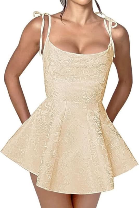 Satin Mini Party Dress with Spaghetti Straps, Sleeveless Jacquard Homecoming Gown BM bride