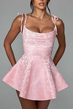Satin Mini Party Dress with Spaghetti Straps, Sleeveless Jacquard Homecoming Gown BM bride