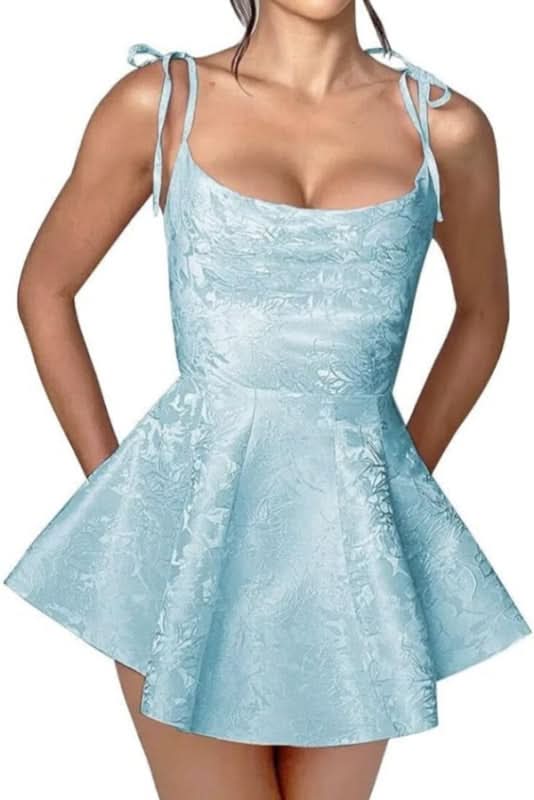 Satin Mini Party Dress with Spaghetti Straps, Sleeveless Jacquard Homecoming Gown BM bride
