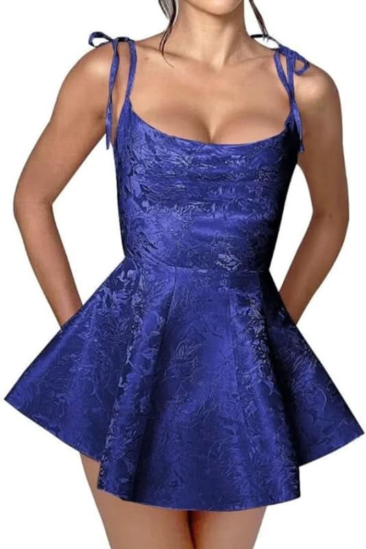 Satin Mini Party Dress with Spaghetti Straps, Sleeveless Jacquard Homecoming Gown BM bride