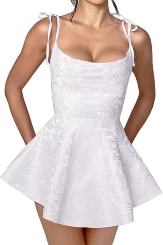 Satin Mini Party Dress with Spaghetti Straps, Sleeveless Jacquard Homecoming Gown BM bride