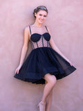 Romantic Sweetheart Spaghetti Straps Short Mini Tulle Black Homecoming Dress BM bride