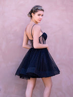 Romantic Sweetheart Spaghetti Straps Short Mini Tulle Black Homecoming Dress BM bride