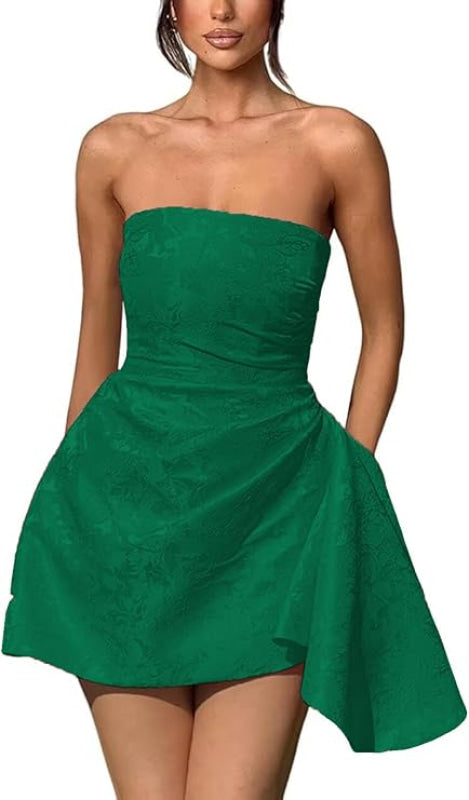 Chic Strapless Satin Mini Party Dress with Floral Jacquard and Convenient Pocket BM bride