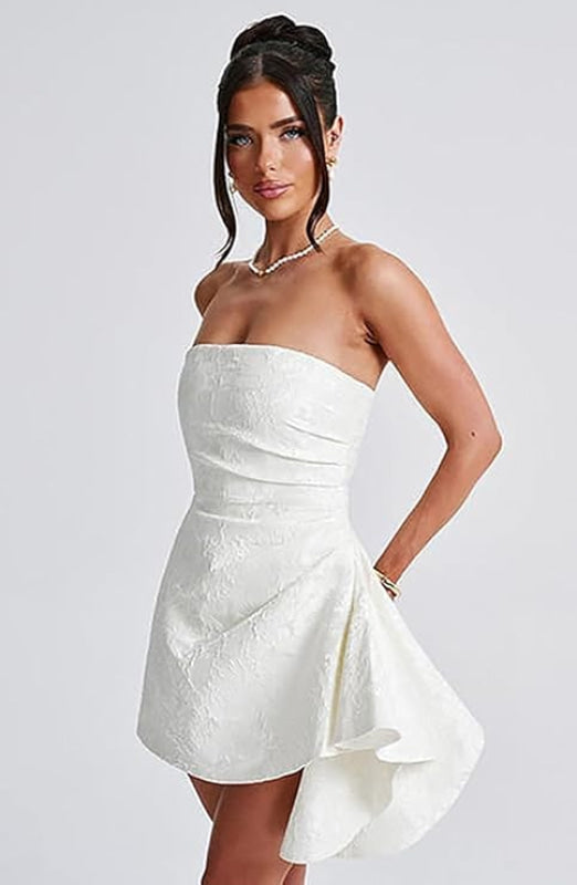 Chic Strapless Satin Mini Party Dress with Floral Jacquard and Convenient Pocket BM bride