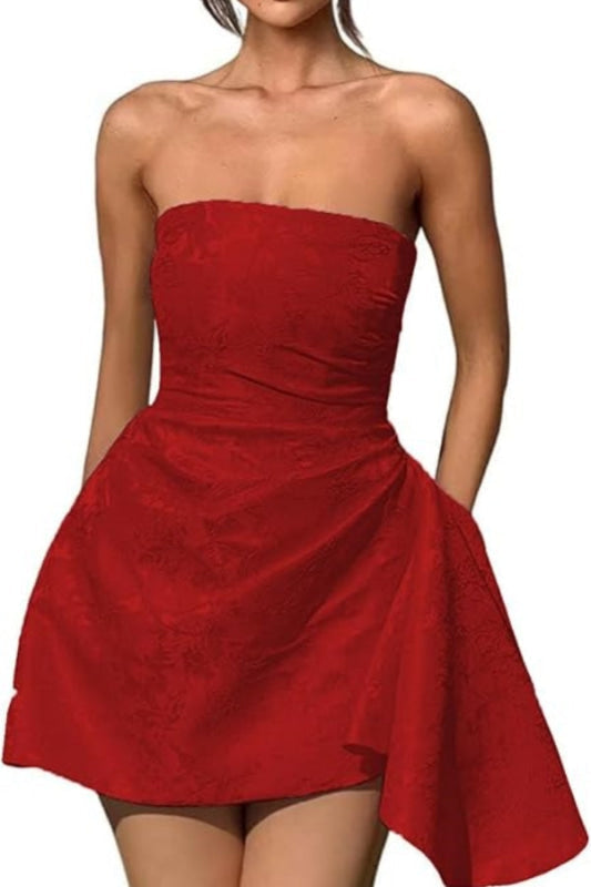 Chic Strapless Satin Mini Party Dress with Floral Jacquard and Convenient Pocket BM bride