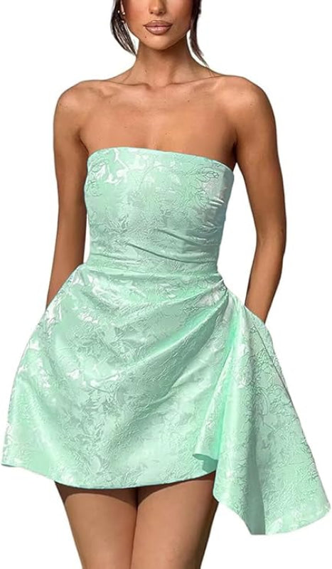 Chic Strapless Satin Mini Party Dress with Floral Jacquard and Convenient Pocket BM bride