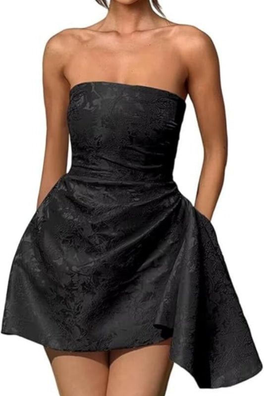 Chic Strapless Satin Mini Party Dress with Floral Jacquard and Convenient Pocket BM bride