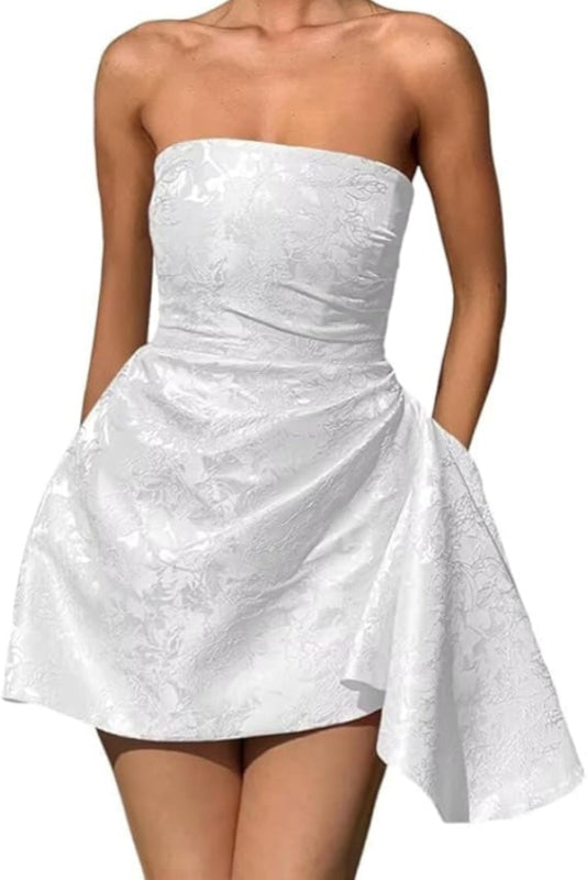 Chic Strapless Satin Mini Party Dress with Floral Jacquard and Convenient Pocket BM bride