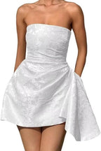 Chic Strapless Satin Mini Party Dress with Floral Jacquard and Convenient Pocket BM bride