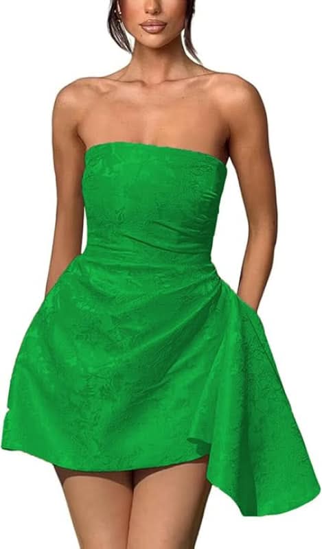 Chic Strapless Satin Mini Party Dress with Floral Jacquard and Convenient Pocket BM bride