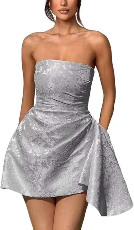 Chic Strapless Satin Mini Party Dress with Floral Jacquard and Convenient Pocket BM bride
