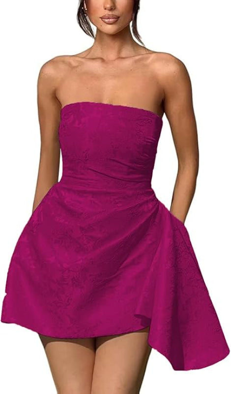 Chic Strapless Satin Mini Party Dress with Floral Jacquard and Convenient Pocket BM bride