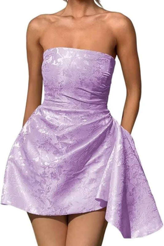 Chic Strapless Satin Mini Party Dress with Floral Jacquard and Convenient Pocket BM bride