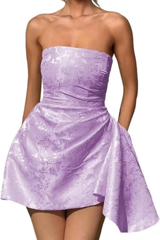 Chic Strapless Satin Mini Party Dress with Floral Jacquard and Convenient Pocket BM bride