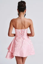 Chic Strapless Satin Mini Party Dress with Floral Jacquard and Convenient Pocket BM bride
