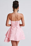 Chic Strapless Satin Mini Party Dress with Floral Jacquard and Convenient Pocket BM bride