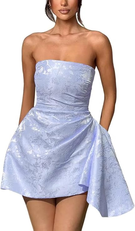 Chic Strapless Satin Mini Party Dress with Floral Jacquard and Convenient Pocket BM bride