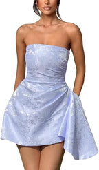 Chic Strapless Satin Mini Party Dress with Floral Jacquard and Convenient Pocket BM bride