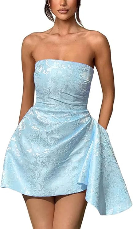 Chic Strapless Satin Mini Party Dress with Floral Jacquard and Convenient Pocket BM bride