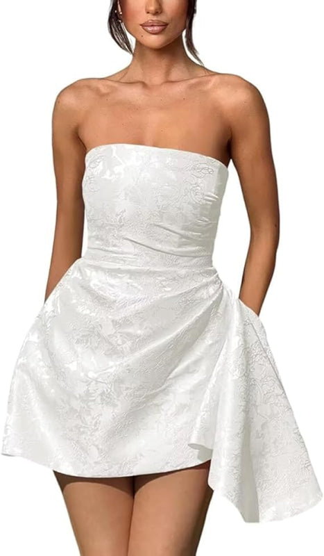 Chic Strapless Satin Mini Party Dress with Floral Jacquard and Convenient Pocket BM bride